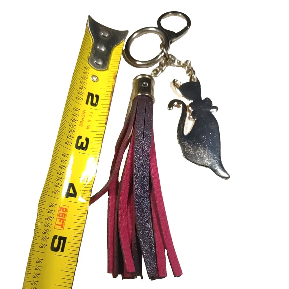Cat Tassel Keychain Purse Clip Gold Tone Red Brown Leather